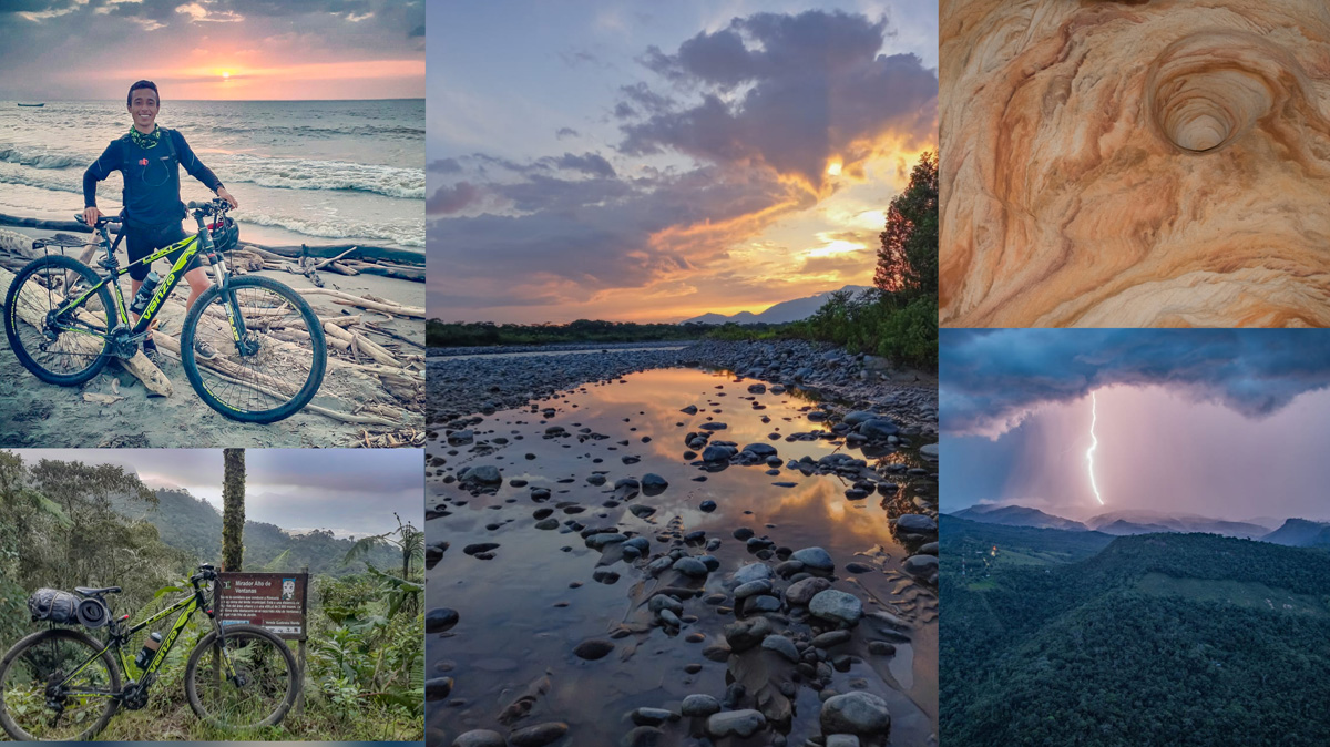 Izquierda: llegada al mar en Turbo (Antioquia); centro, atardecer en Villagarzón (Putumayo); derecha, Cueva de los Colores y relámpago, en Florencia (Caquetá). Fotos: Sebastián Lozano.