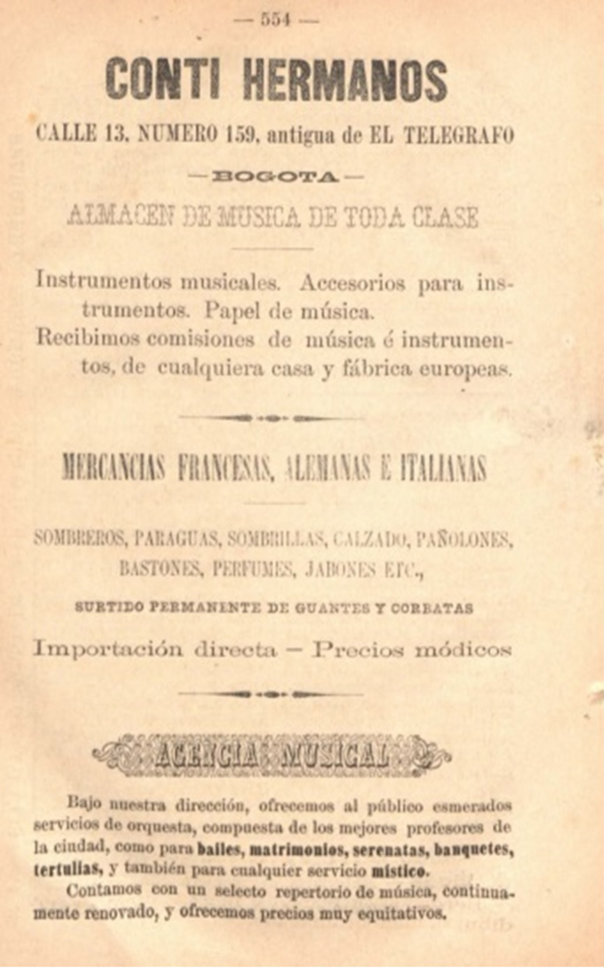 Pauta publicitaria del Establecimiento Musical Conti Hermanos publicada en el Directorio General de Bogotá – Salgado, 1893. Fotos cortesía Carolina Correa Durán