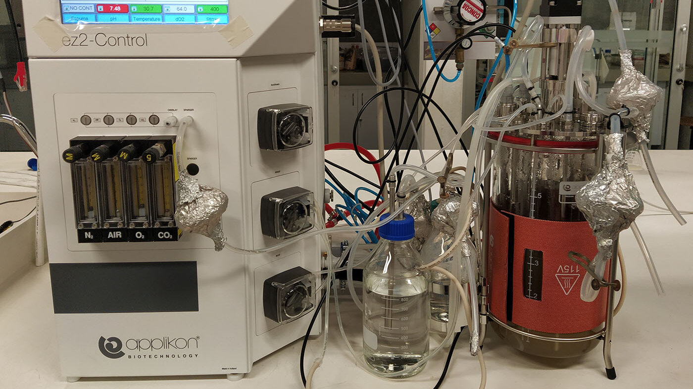 Montaje del biorreactor para desarrollar la fermentación y producción del PHA. Foto: Grupo de Investigación Probiom - UNAL.
