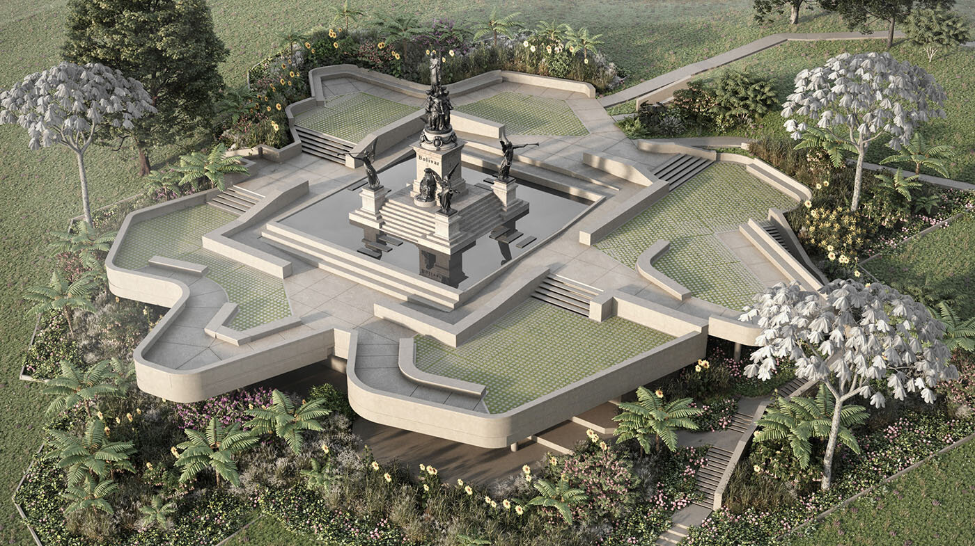 Propuesta paisajística de la UNAL para intervenir el monumento “La gloria de Bolívar”. Render: Daniel Miranda.