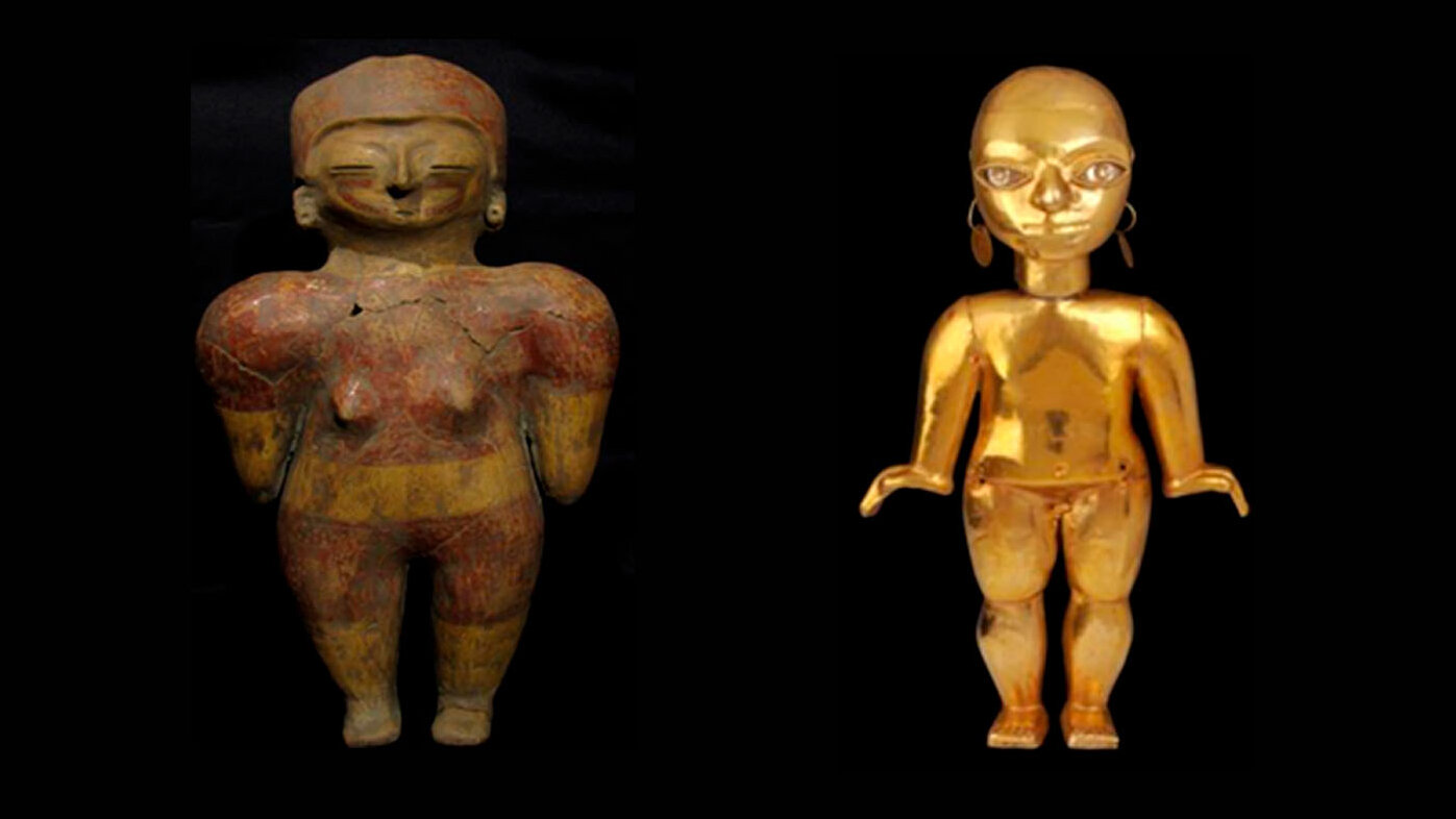 Representación de la diosa madre en la cultura Chorrera de Ecuador y Pieza elaborada en oro de la diosa madre perteneciente a la cultura Chavín del Perú. Foto: Moisés Montaño. Instituto Colombiano de Antropología e Historia (ICANH) Tumaco y Sala de Oro del Museo Municipal Vicús, Ministerio de Cultura del Perú.