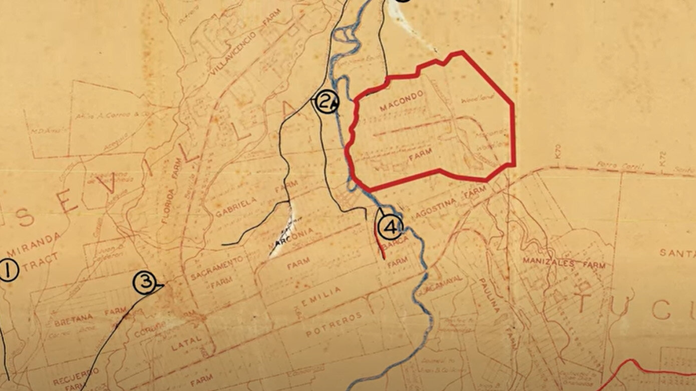 El mapa fue dibujado en 1928 por encargo de la United Fruit Company, y allí se ve la ubicación de una hacienda llamada Macondo. Fotos: capturas de pantalla.