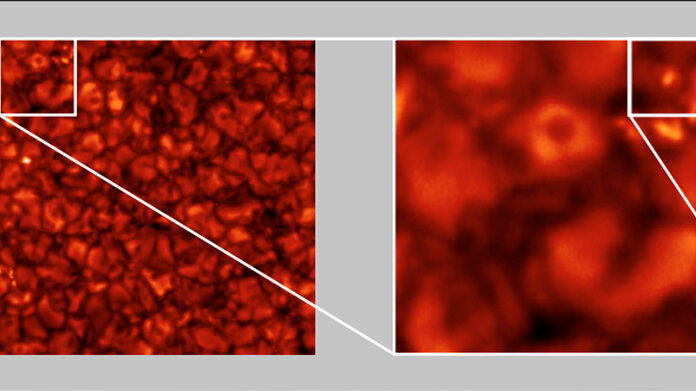 Acercamiento sobre una imagen de la superficie del Sol tomada con el telescopio espacial Hinode para observar mejor los puntos magnéticos brillantes. (Utz, 2009a)