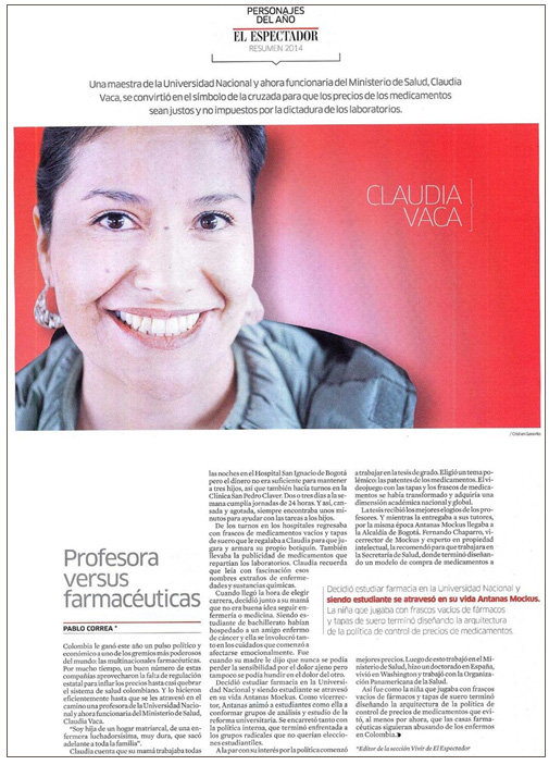 Publicación de uno de los personajes de año del periódico El Espectador, Claudia Vaca.