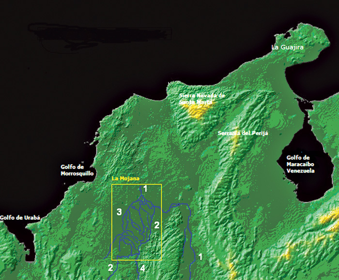 Figura 1. La Mojana-Depresión Momposina al norte del país: 1. Río Magdalena, 2. Río Cauca, 3. Río San Jorge y 4. Río Nechí.